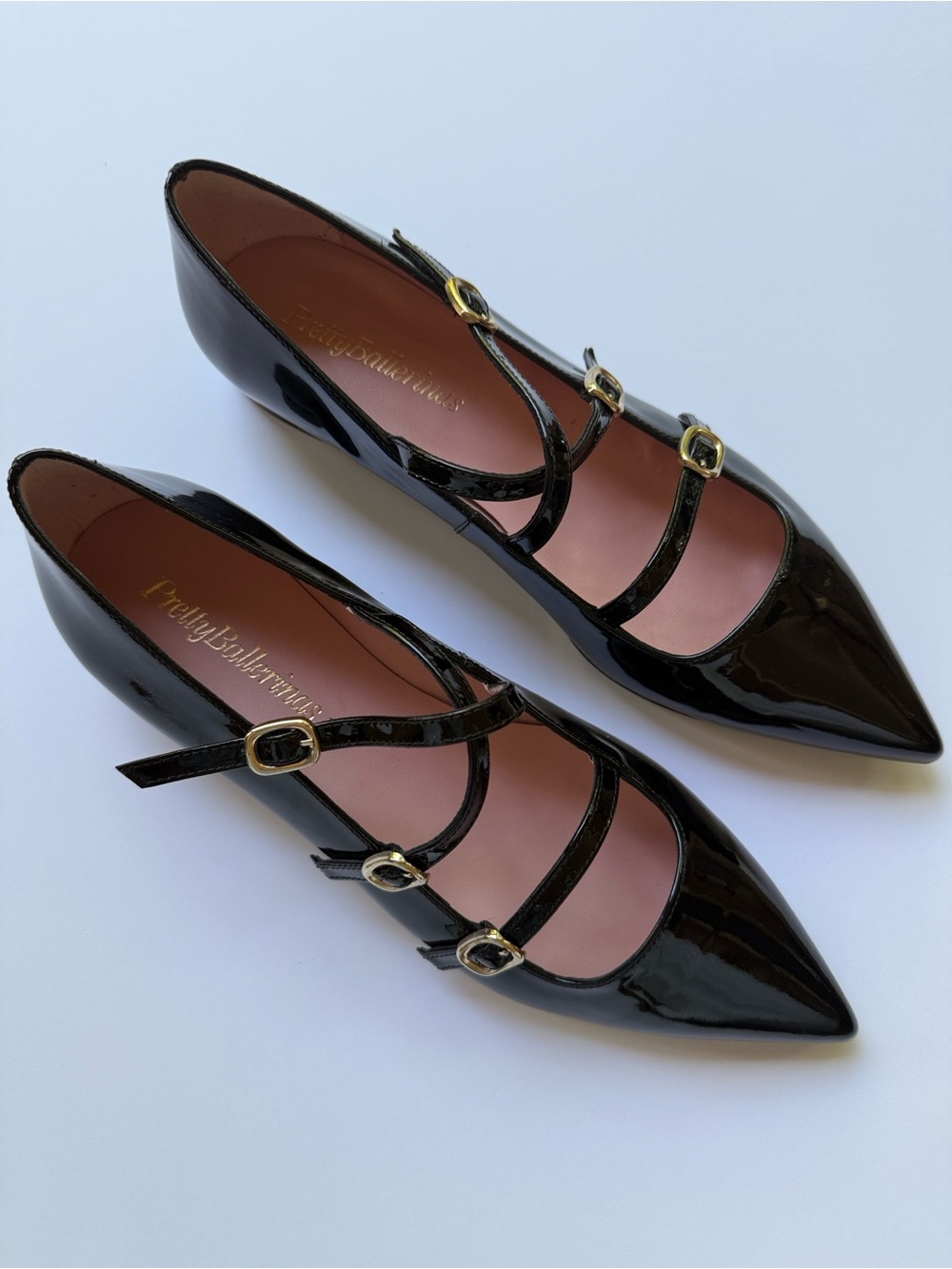 Pretty Ballerinas Black Patent Triple-Strap Pointed-Toe Flats